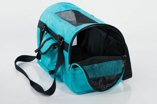 Soft pet travel carrier in aqua